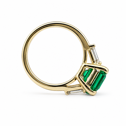 Emerald Engagement Rings Women, Solid White Gold Vintage Three Stone Asscher Cut Emerald Wedding Ring, Unique Gemstone Engagement Ring #6857