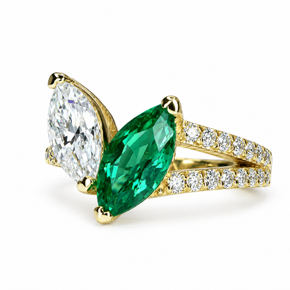 Toi et Moi Ring, Two Stone Engagement Ring Birthstone Ring Emerald Marquis and Moissanite Unique Engagement Ring Anniversary Ring  Love Ring