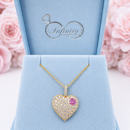 Lab Grown Diamond Heart Pendant With Ruby or Pink Sapphire 14K Solid Gold , Birthstone Heart Pendant , Puffy Heart Necklace #8861