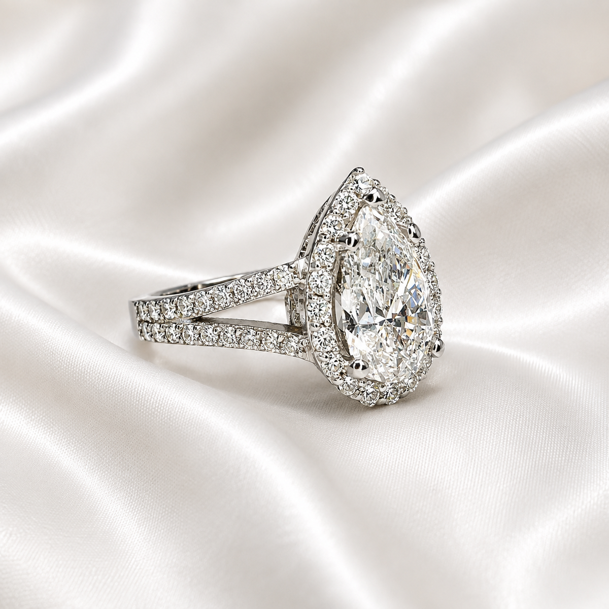 Lab created diamond engagement ring 14k solid gold, Pear shaped lab grown diamond ring, Lab grown diamond hidden halo engagement ring