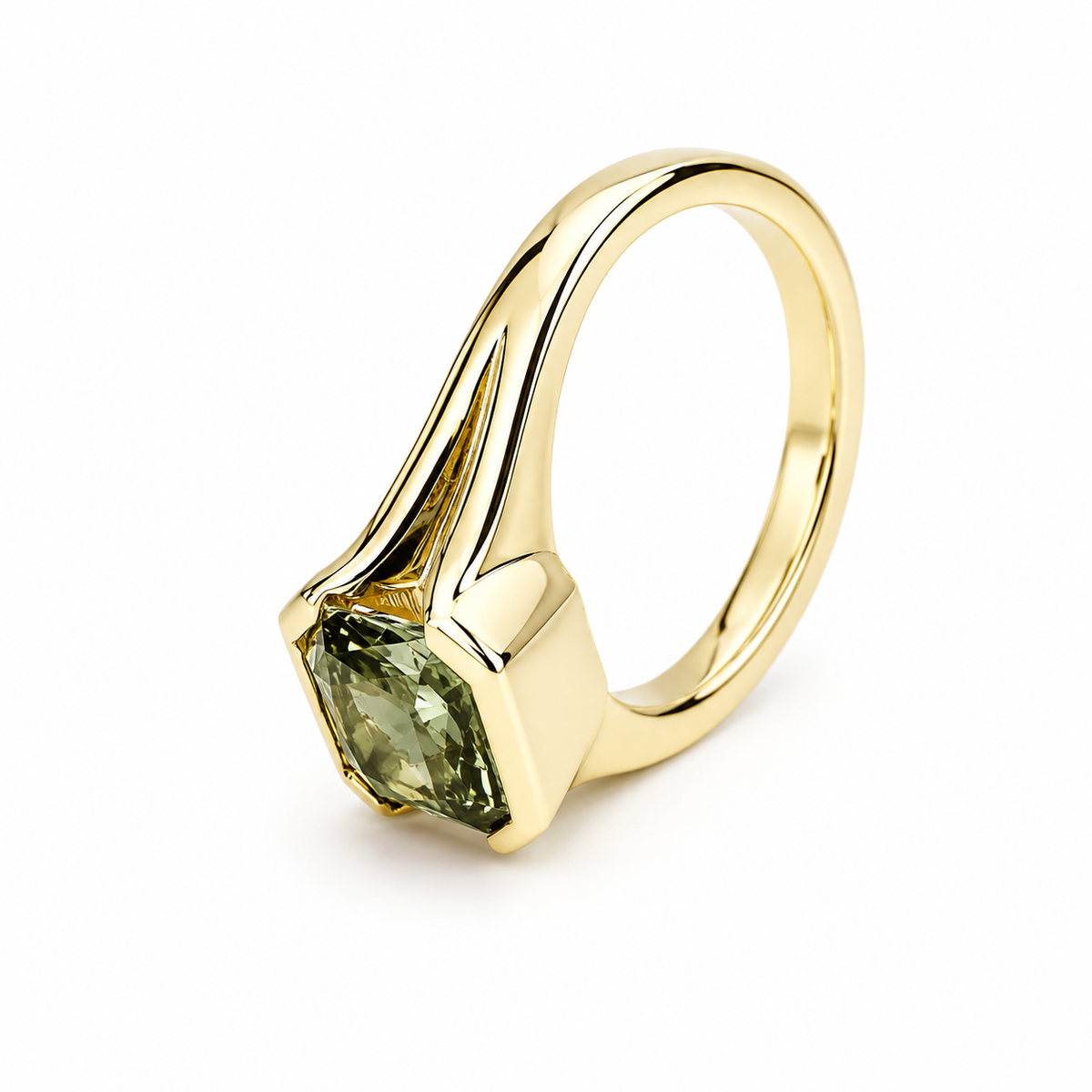 Bezel Set olive green sapphire engagement ring 14k solid gold | Half bezel green sapphire solitaire wedding ring | Promise ring