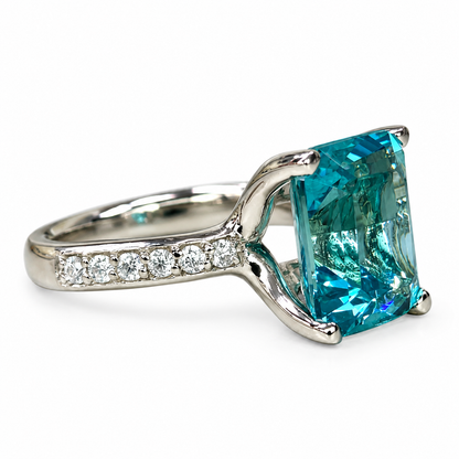 Emerald Cut Engagement Ring / Neon Blue Paraiba Wedding Ring / Paraiba and Moissanite Ring / 14k White Gold / #6268