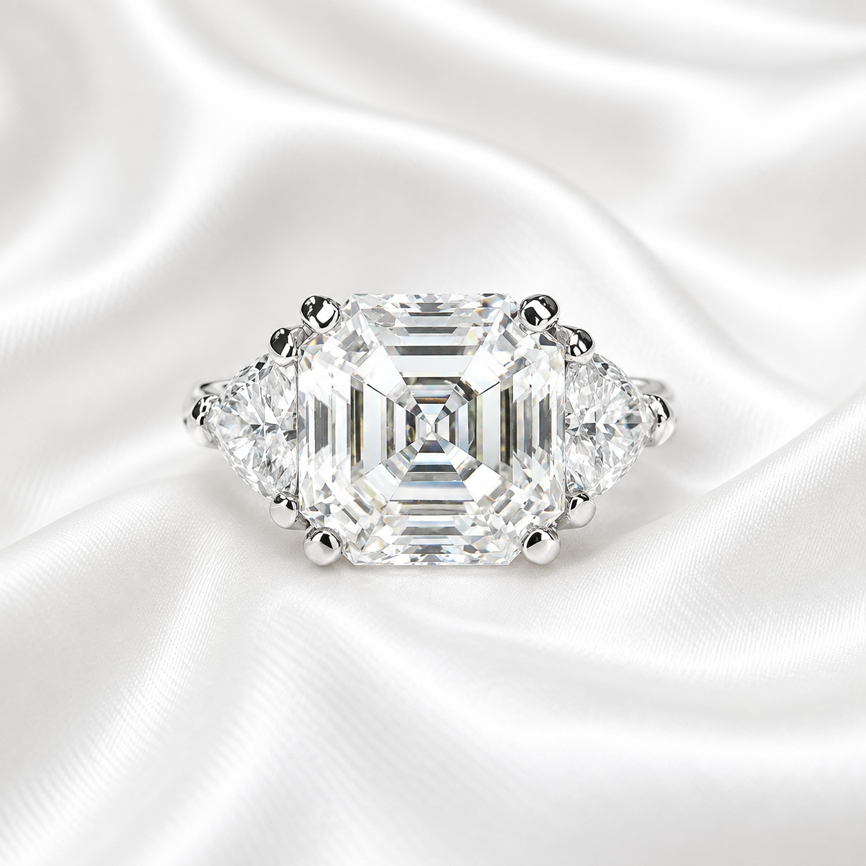 Asscher Cut Engagement Ring / Moissanite Wedding Ring / Asscher and Trillion Ring / 14k White Gold