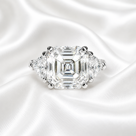 Asscher Cut Engagement Ring / Moissanite Wedding Ring / Asscher and Trillion Ring / 14k White Gold