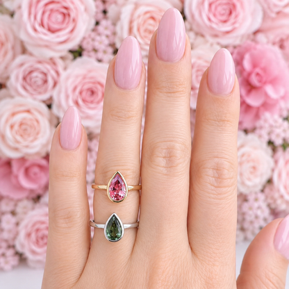 1.50 Ctw Pear Shape Bezel Olive Green Sapphire Engagement Ring in 14k Solid Gold , Modern Birthstone Ring , Dainty Pear Shape Ring #8858
