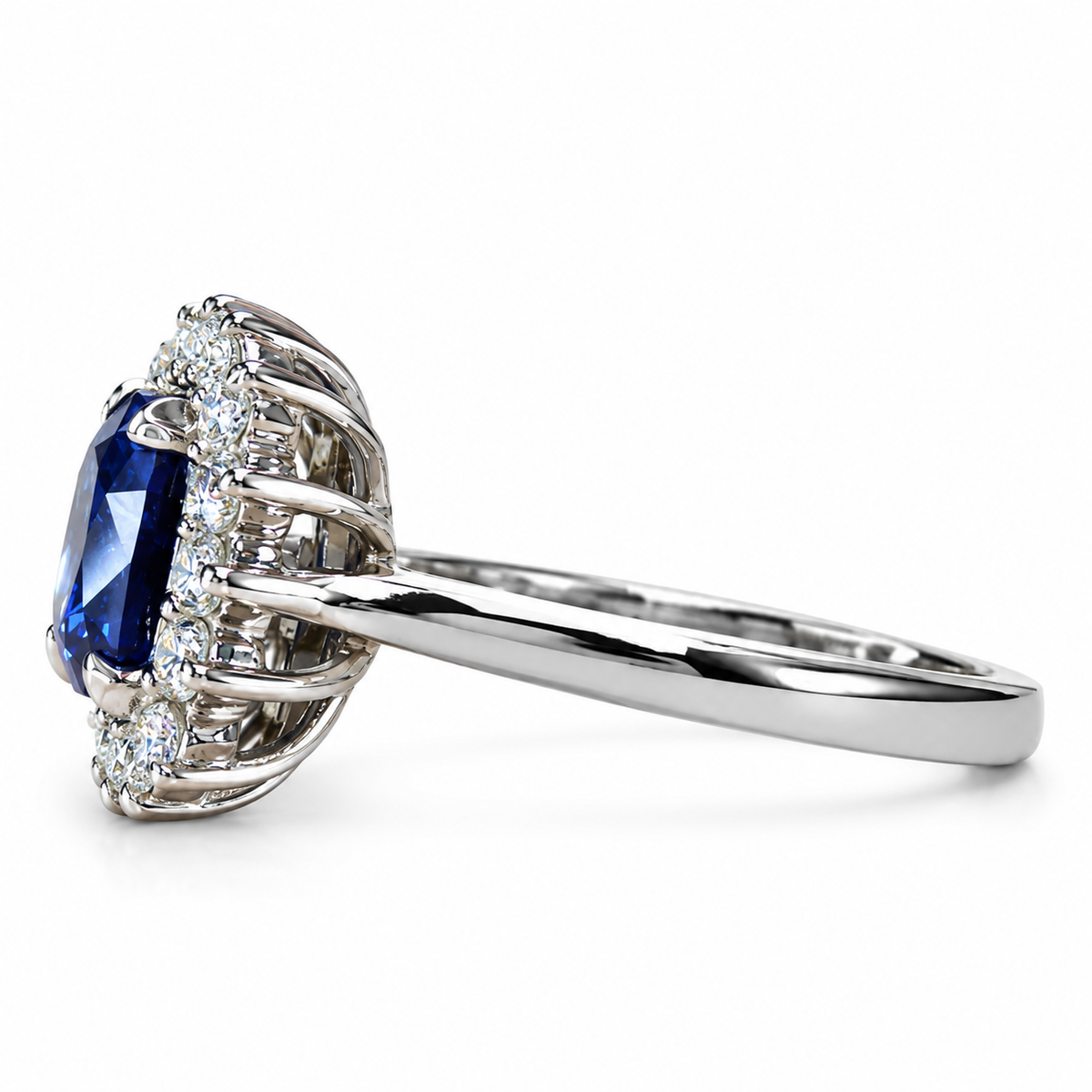 Blue Sapphire Cushion Cut And Diamond Halo Engagement Ring, 14k White Gold Blue Sapphire And Moissanite Halo Ladies Wedding Ring