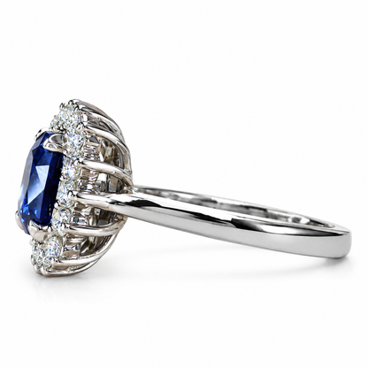 Blue Sapphire Cushion Cut And Diamond Halo Engagement Ring, 14k White Gold Blue Sapphire And Moissanite Halo Ladies Wedding Ring