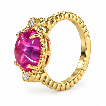 Oval Pink Engagement Ring 14K Yellow Gold Pink Sapphire Three Stone Ring For Women, Unique Cabochon Pink Sapphire Engagement Rings, #7217