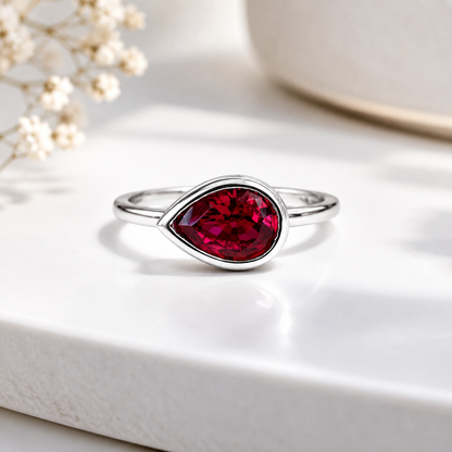 Bezel Set Pear Shape Emerald, Ruby, Pink Sapphire, Birthstone Ring 14K Solid Gold , Pear Shape Solitire Sideways Ring #8834