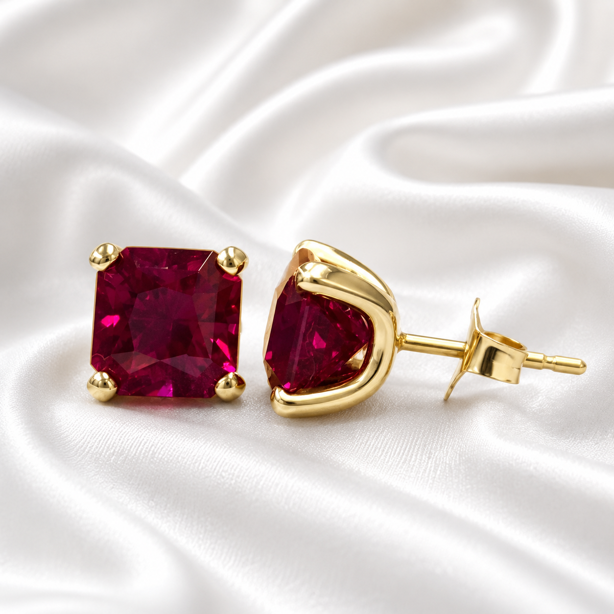 Radiant Cut Studs, 3.50CTW Blood Red Ruby Earring, Dainty Jewelry, 14k Yellow Gold, #6181