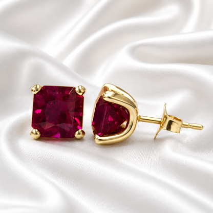 Radiant Cut Studs, 3.50CTW Blood Red Ruby Earring, Dainty Jewelry, 14k Yellow Gold, #6181