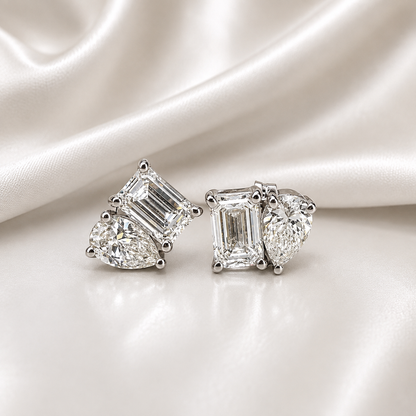 14k Gold Diamond Earrings – Toi Et Moi Pear & Emerald Shape Studs 2 CTW