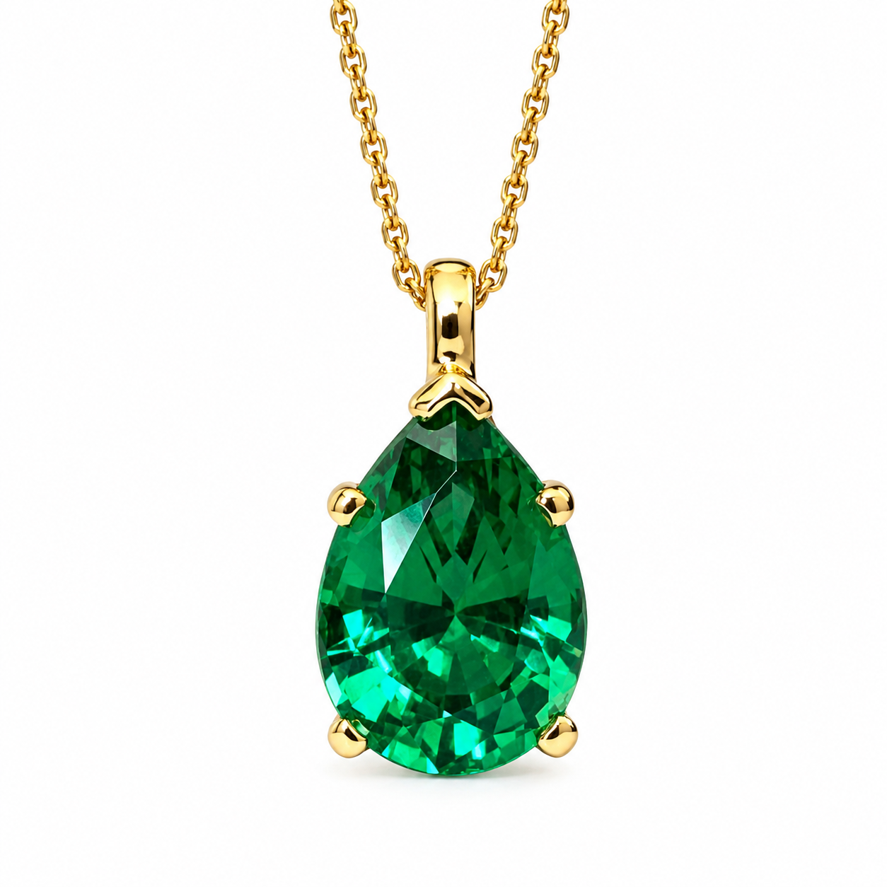 Pear Shape Emerald Pendant 10K Yellow Gold Necklace, Pear Shape Green Emerald Necklace For Ladies, Layering May Birthstone Jewelery, #8848