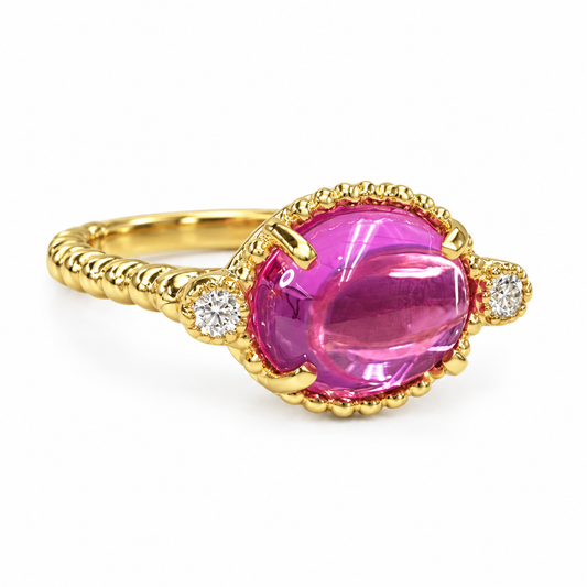 Oval Pink Engagement Ring 14K Yellow Gold Pink Sapphire Three Stone Ring For Women, Unique Cabochon Pink Sapphire Engagement Rings, #7217