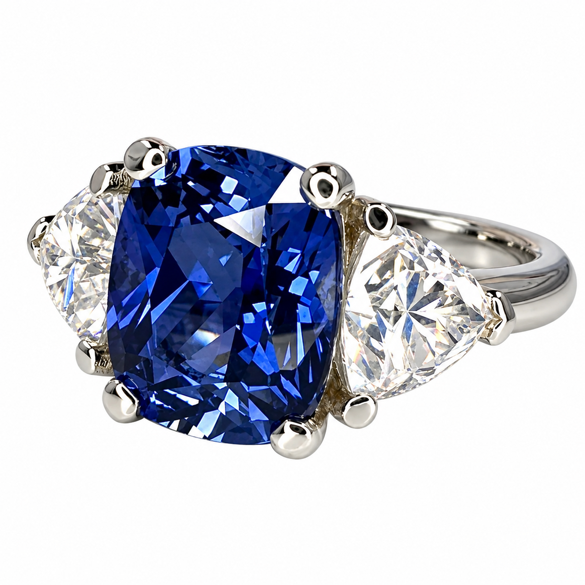 3.30. CT Elongated Cushion Cut Blue Sapphire Engagement Ring and Moissanite Trillion Accents, Blue Sapphire and Moissanite Ring  14K White Gold #6800