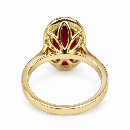 Elongated Oval Ladies Ring / Red Ruby Engagement Ring / Diamond And Ruby Wedding Ring / Anniversary Gift / 14k Yellow Gold / #6220