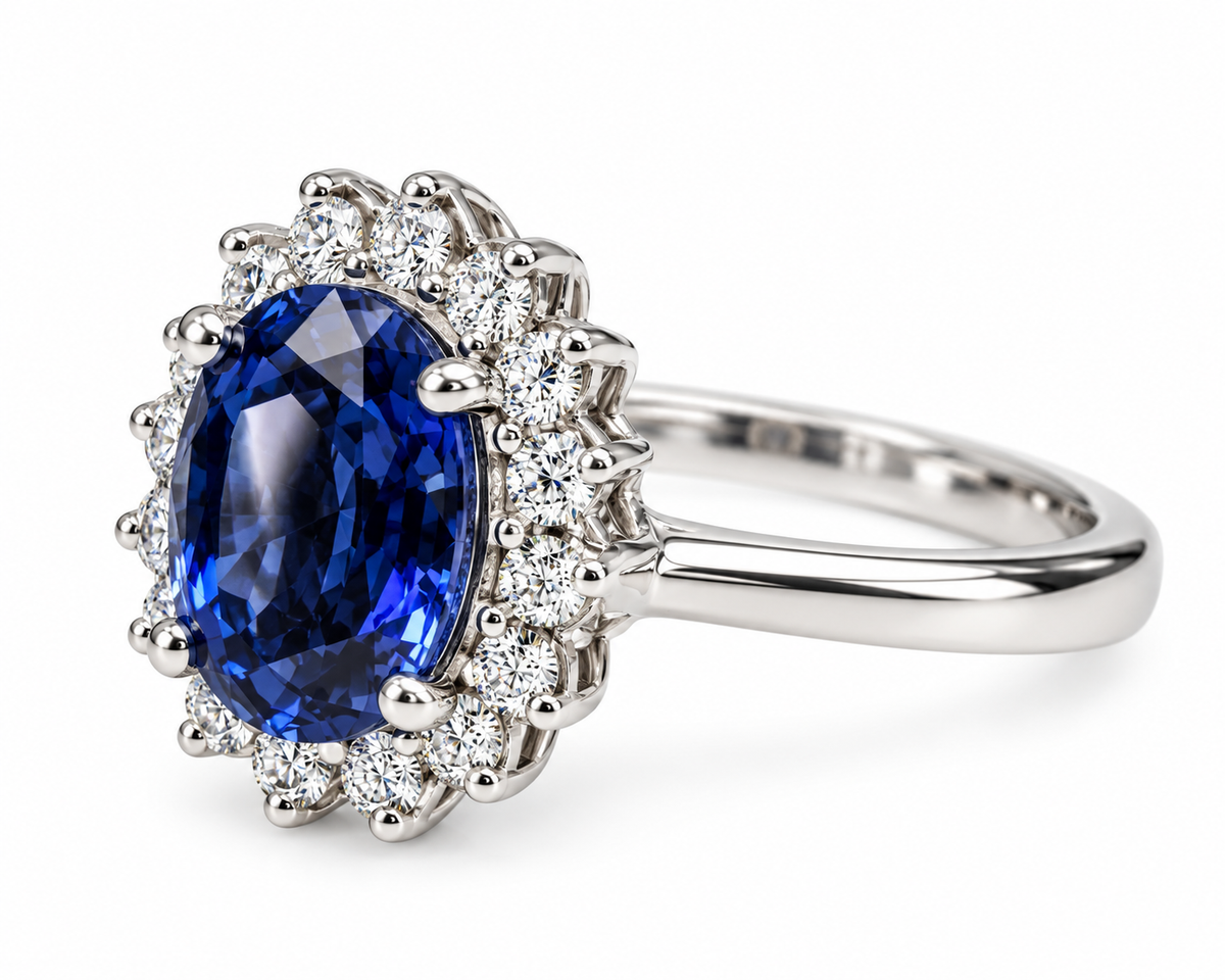 Oval Cut Blue Sapphire Engagement Ring, Diamond Halo Engagement Ring,  Moissanite Ring, 2.50ctw, 14K White Gold #6077 #6807