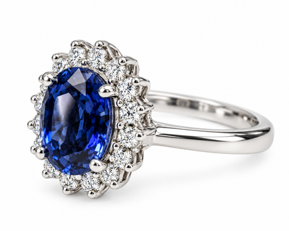 Oval Cut Blue Sapphire Engagement Ring, Diamond Halo Engagement Ring,  Moissanite Ring, 2.50ctw, 14K White Gold #6077 #6807