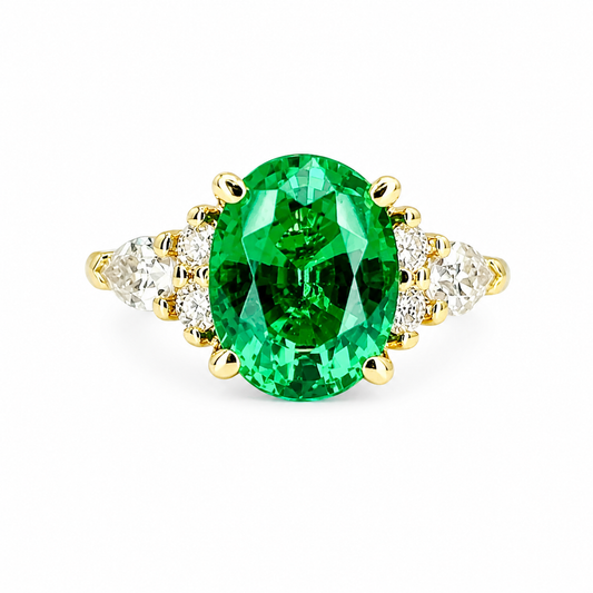 Oval Cut Emerald Engagement Ring, 14k Gold Oval Cut Emerald And Pear Moissanite Wedding Ring, Pear And Round Cluster Moissanite Ring  #7142