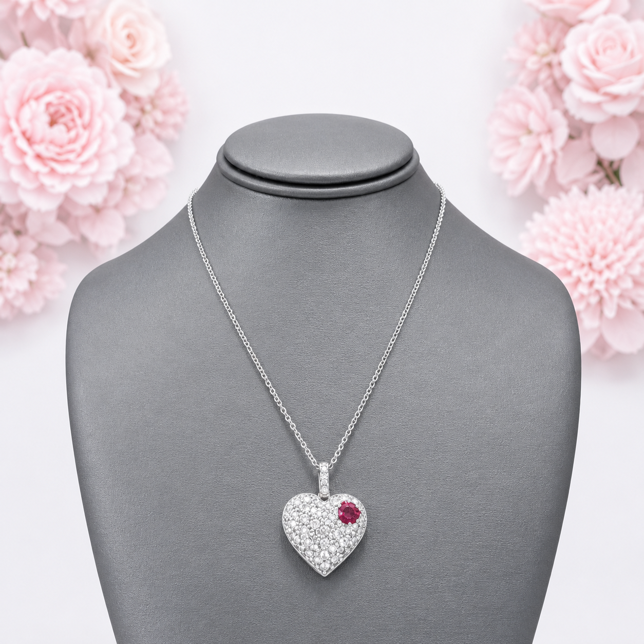 Lab Grown Diamond Heart Pendant With Ruby or Pink Sapphire 14K Solid Gold , Birthstone Heart Pendant , Puffy Heart Necklace #8861