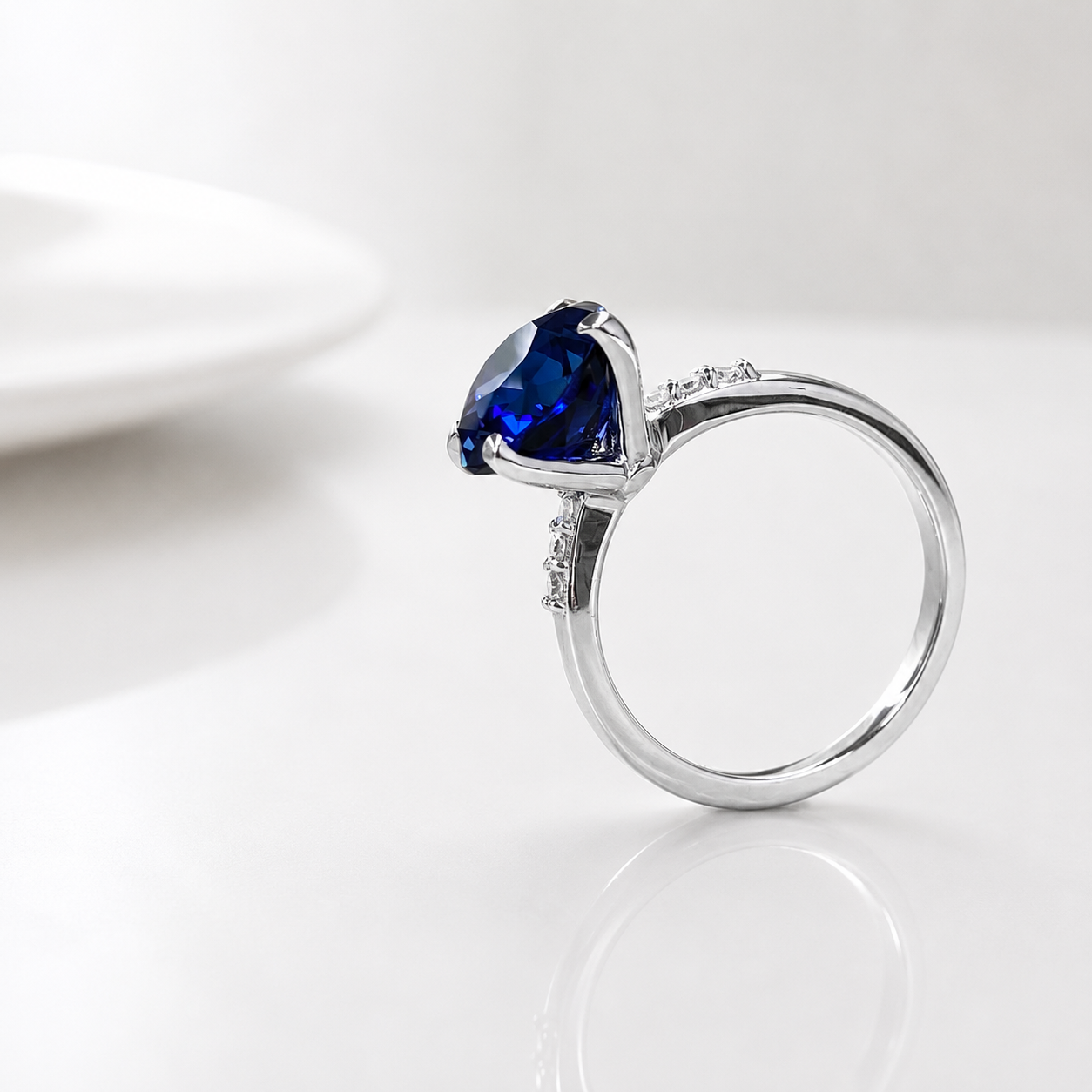 Round Blue Sapphire Engagement Ring 14k White Gold, Three Stone Blue Sapphire Engagement Rings , Blue Sapphire Promise Anniversary Ring 7259