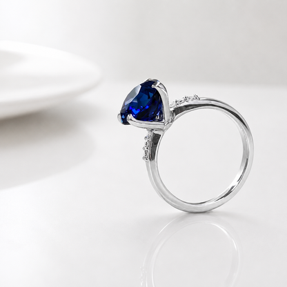 Round Blue Sapphire Engagement Ring 14k White Gold, Three Stone Blue Sapphire Engagement Rings , Blue Sapphire Promise Anniversary Ring 7259
