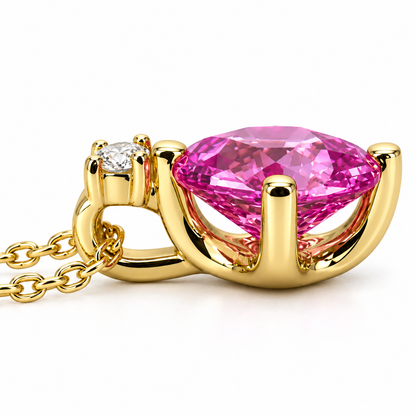 Pink Sapphire and Diamond Pendant Necklace 14K Yellow Gold, Radiant Cut Pink Sapphire Necklace, Dainty Necklace, October Birthstone,  #6476