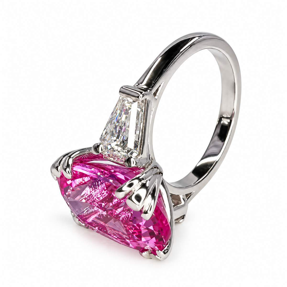 Pink Sapphire Oval Engagement Ring, 14k Yellow Gold Ring, Large Oval Engagement Ring, Three Stone Ring, Sapphire and Moissanite Ring,  #6364