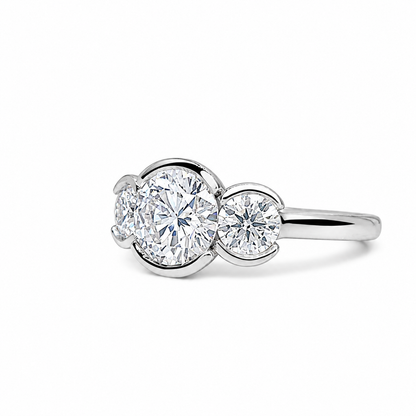Moissanite Engagement Ring Bezel Set , Round Moissanite Three Stone Bezel Set Engagement Ring , Trendy Moissanite Ring For Women , #8813