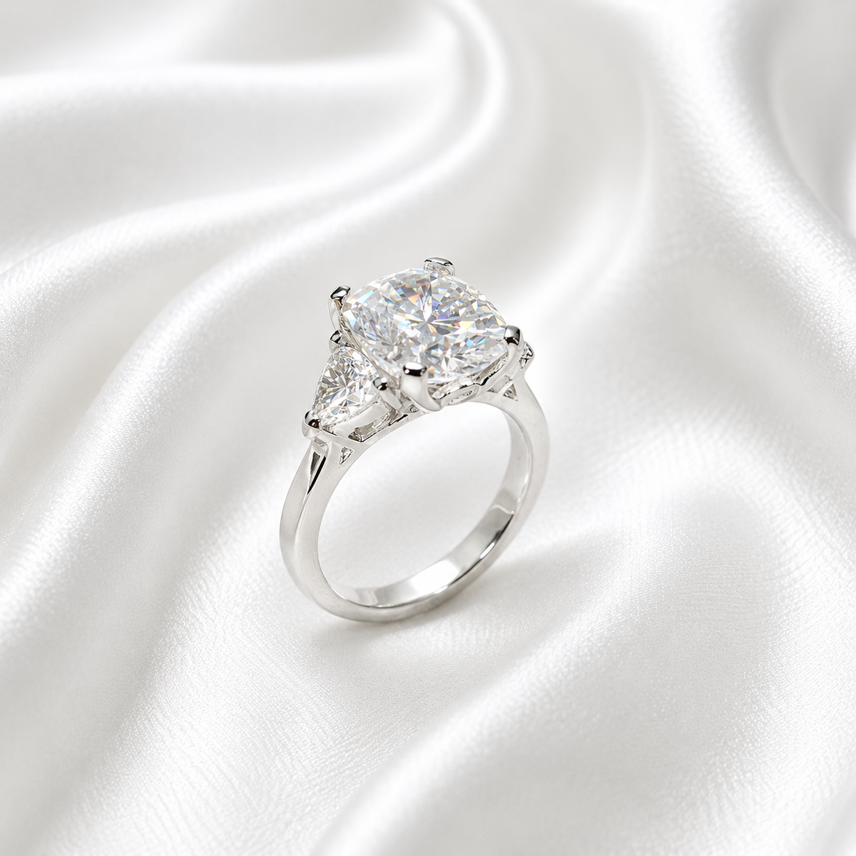 Moissanite Engagement Ring Cushion Cut, Elongated Cushion Shaped Three Stone Wedding Ring, 14k White Gold Trillion Moissanite Ring,  #5545