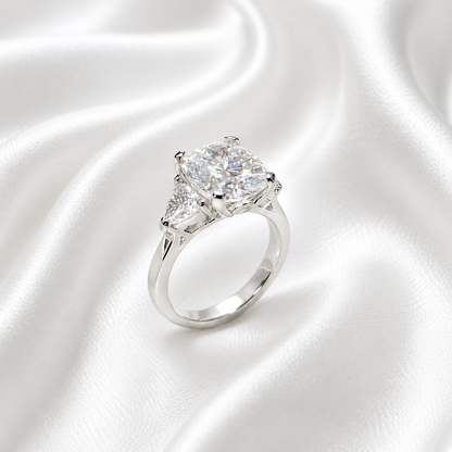 Moissanite Engagement Ring Cushion Cut, Elongated Cushion Shaped Three Stone Wedding Ring, 14k White Gold Trillion Moissanite Ring,  #5545