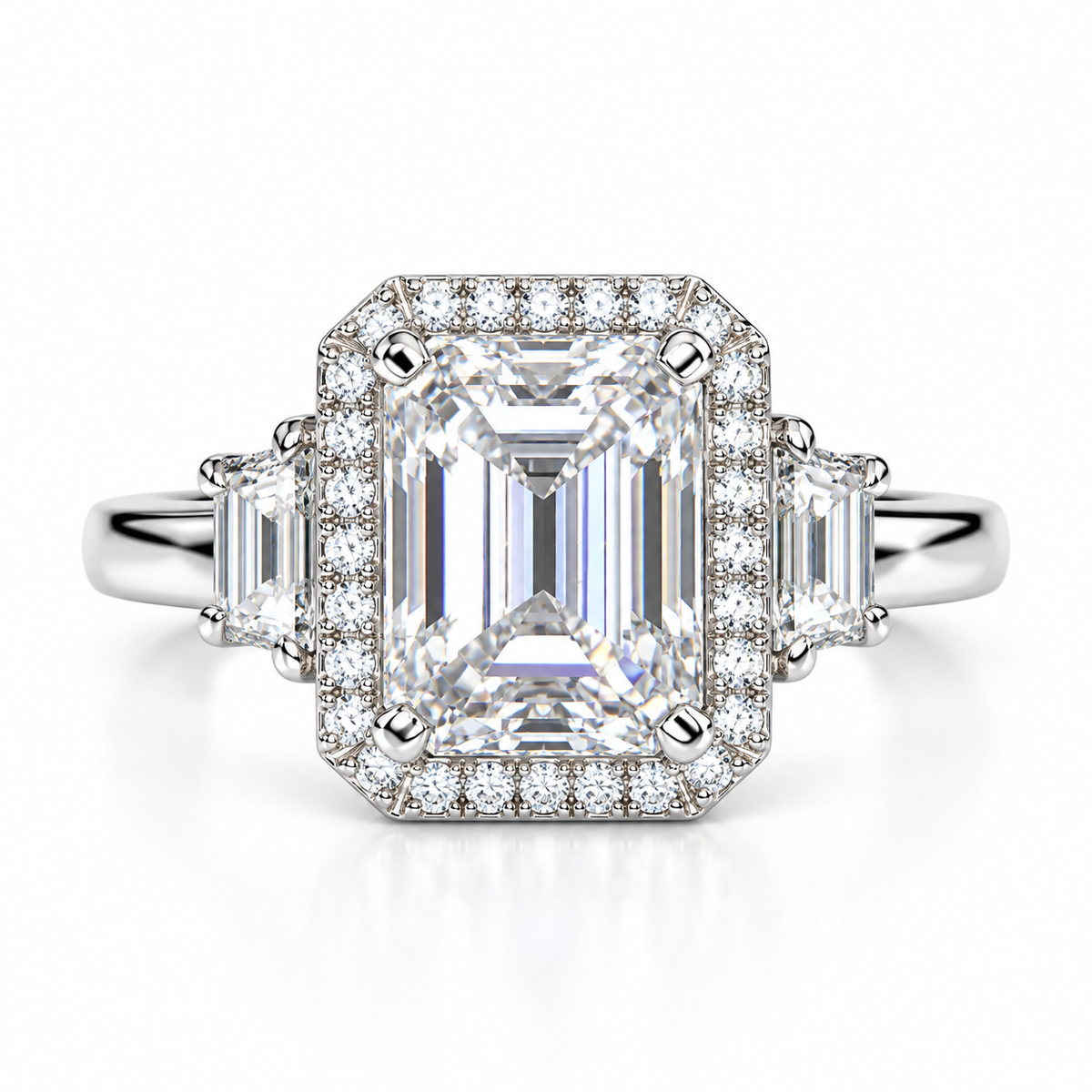 Emerald Cut Moissanite Engagement Ring, Moissanite Halo Wedding Ring For Her, Ladies 14k White Gold Trapezoid Moissanite Cluster Ring  #7108