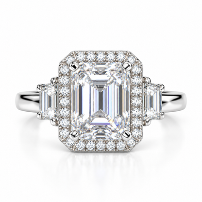 Emerald Cut Moissanite Engagement Ring, Moissanite Halo Wedding Ring For Her, Ladies 14k White Gold Trapezoid Moissanite Cluster Ring  #7108