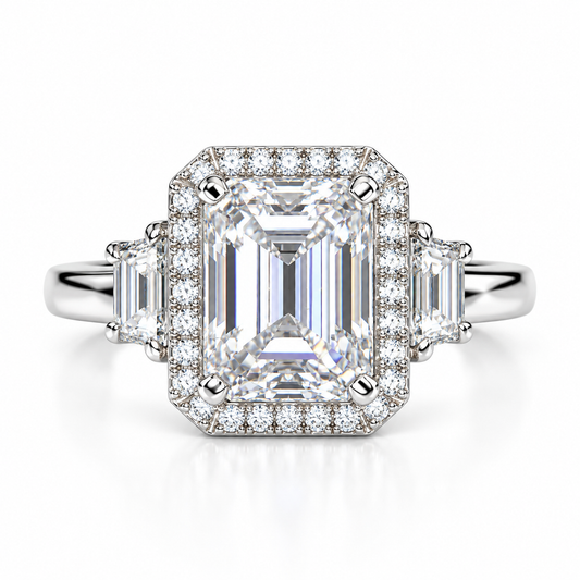 Emerald Cut Moissanite Engagement Ring, Moissanite Halo Wedding Ring For Her, Ladies 14k White Gold Trapezoid Moissanite Cluster Ring  #7108