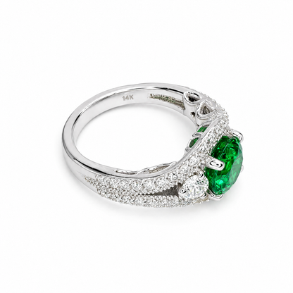 Round Emerald Engagement Ring 14K Solid Gold , Three Stone Emerald and Lab Diamond Ring #8643