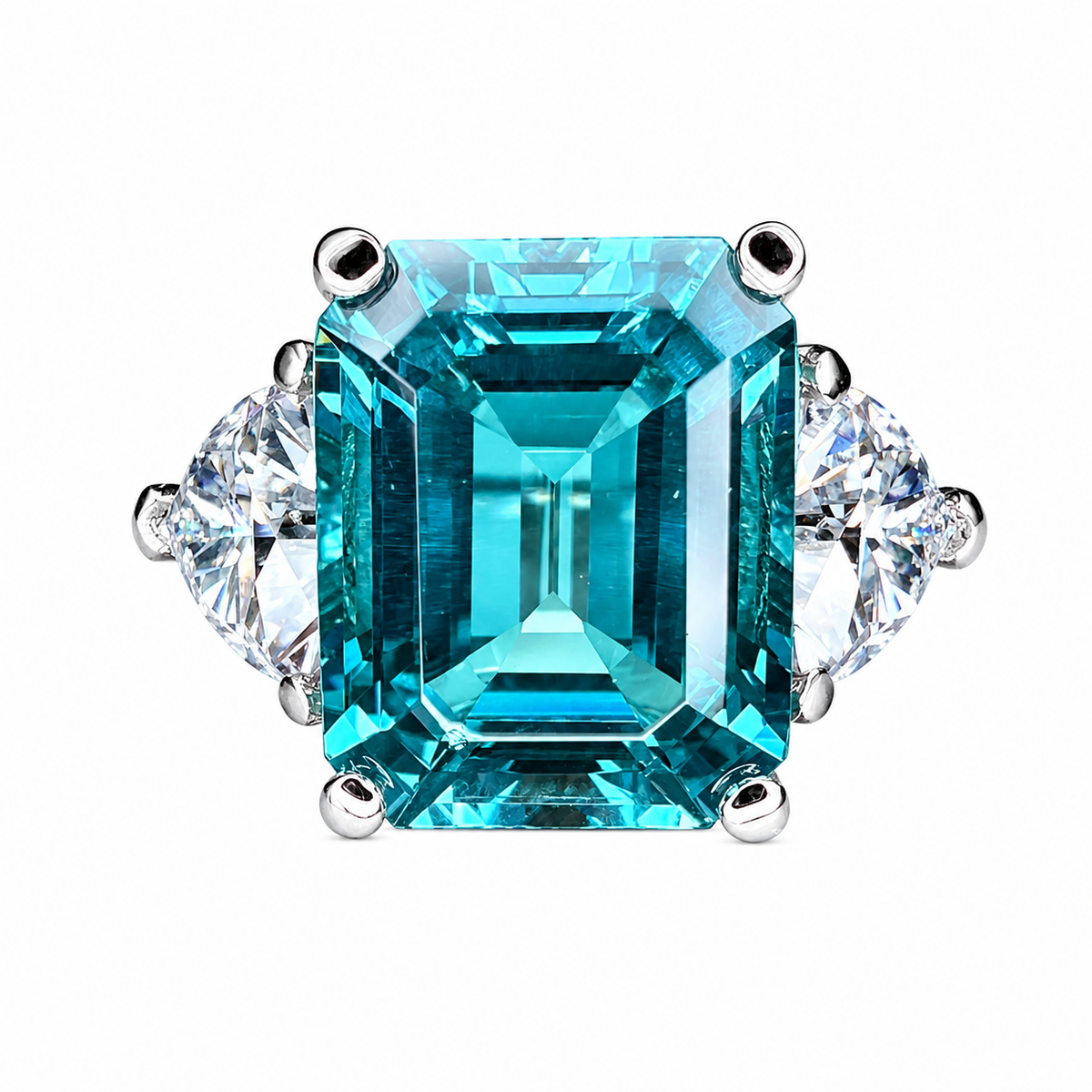 Paraiba Tourmaline Engagement Ring White Gold Emerald Cut Neon Blue Paraiba Tourmaline Ring For Women Unique Ring Moissanite Trillions #6824