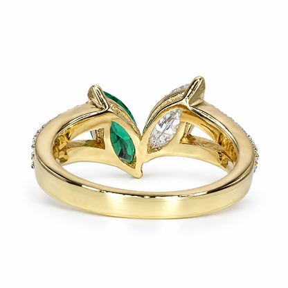 Toi et Moi Ring, Two Stone Engagement Ring Birthstone Ring Emerald Marquis and Moissanite Unique Engagement Ring Anniversary Ring  Love Ring