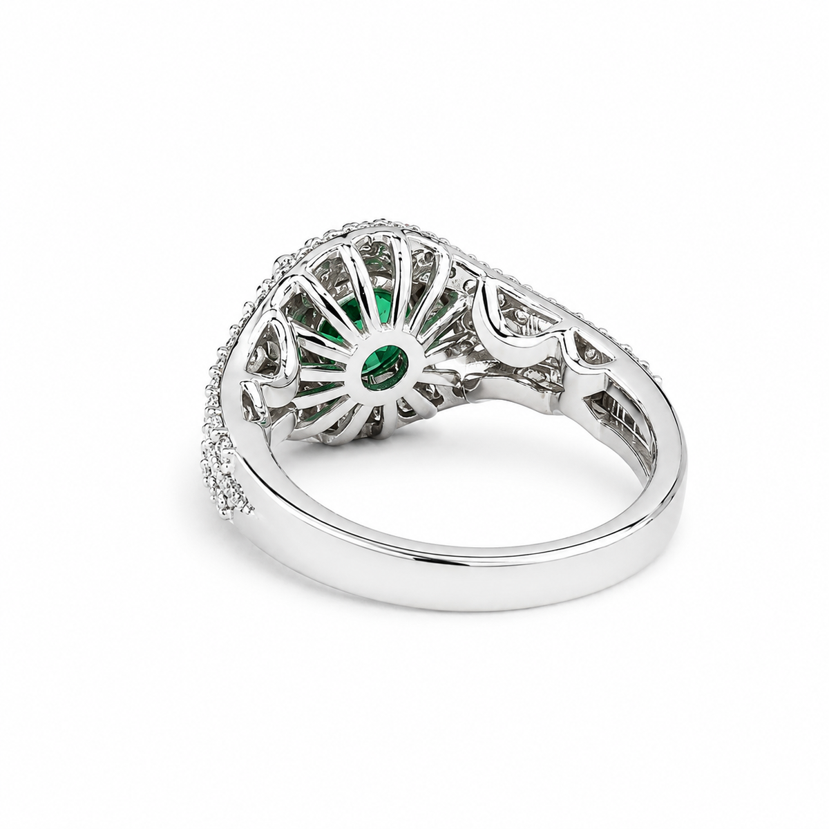 Round Emerald Engagement Ring 14K Solid Gold , Three Stone Emerald and Lab Diamond Ring #8643