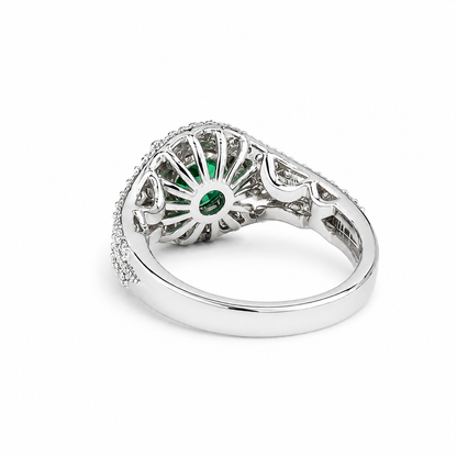 Round Emerald Engagement Ring 14K Solid Gold , Three Stone Emerald and Lab Diamond Ring #8643