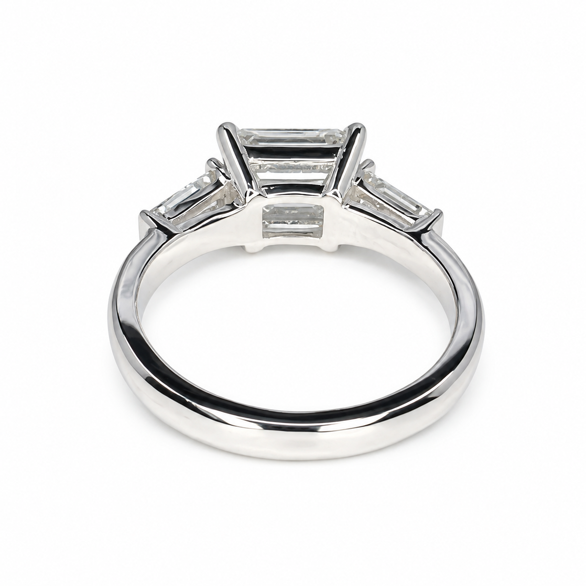 East to West Emerald Cut Moissanite Engagement Ring With Tapered Baguette Diamond Side Stones in 14K Solid White Gold, or Yellow Gold #8114