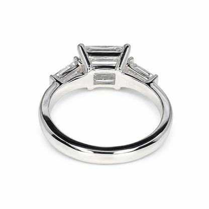 East to West Emerald Cut Moissanite Engagement Ring With Tapered Baguette Diamond Side Stones in 14K Solid White Gold, or Yellow Gold #8114
