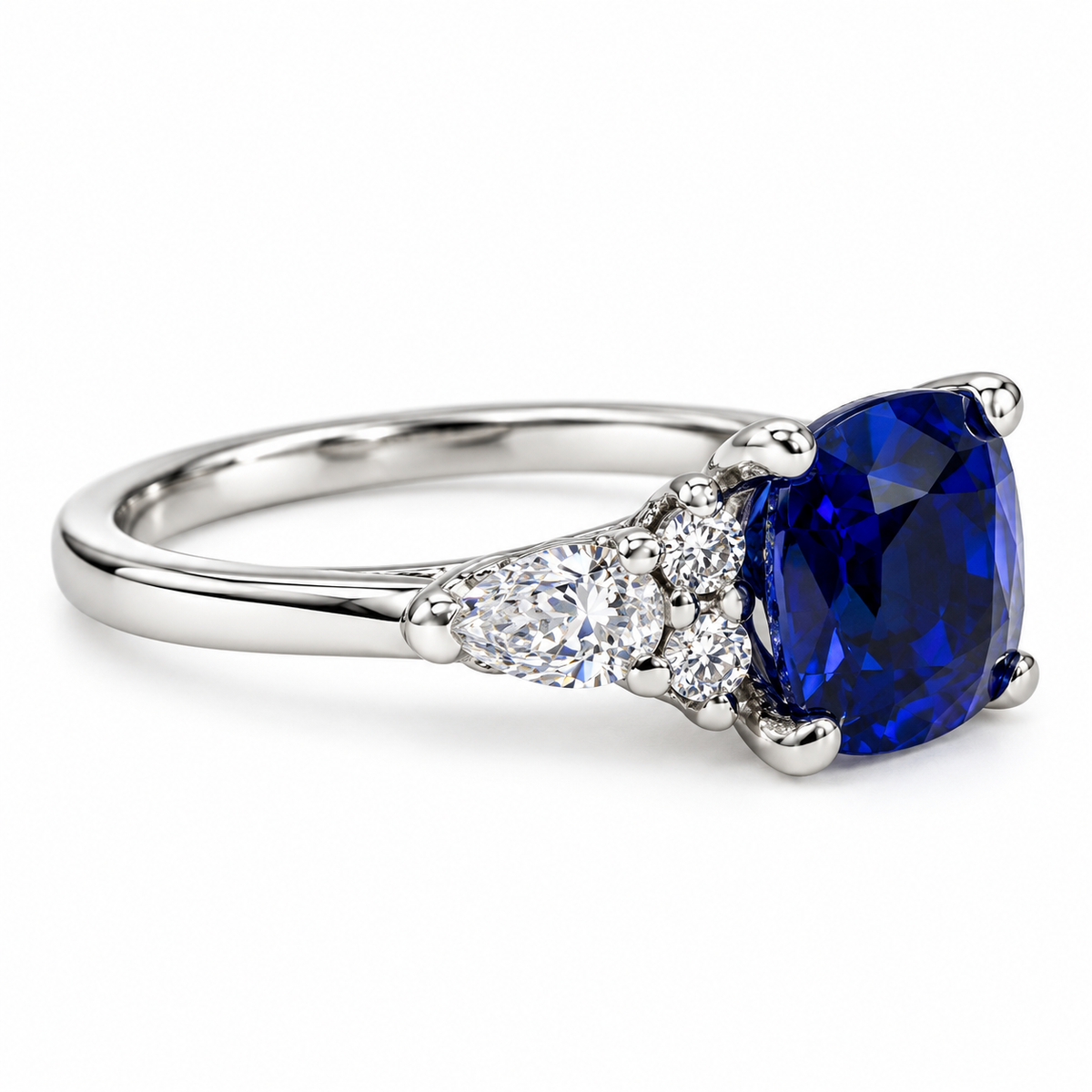 Cushion Cut Blue Sapphire Engagement Ring 14K White Gold, Blue Sapphire Ring For Women Solid White Gold, Sapphire and Moissanite Ring, #7157