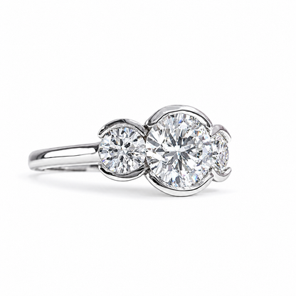 Moissanite Engagement Ring Bezel Set , Round Moissanite Three Stone Bezel Set Engagement Ring , Trendy Moissanite Ring For Women , #8813