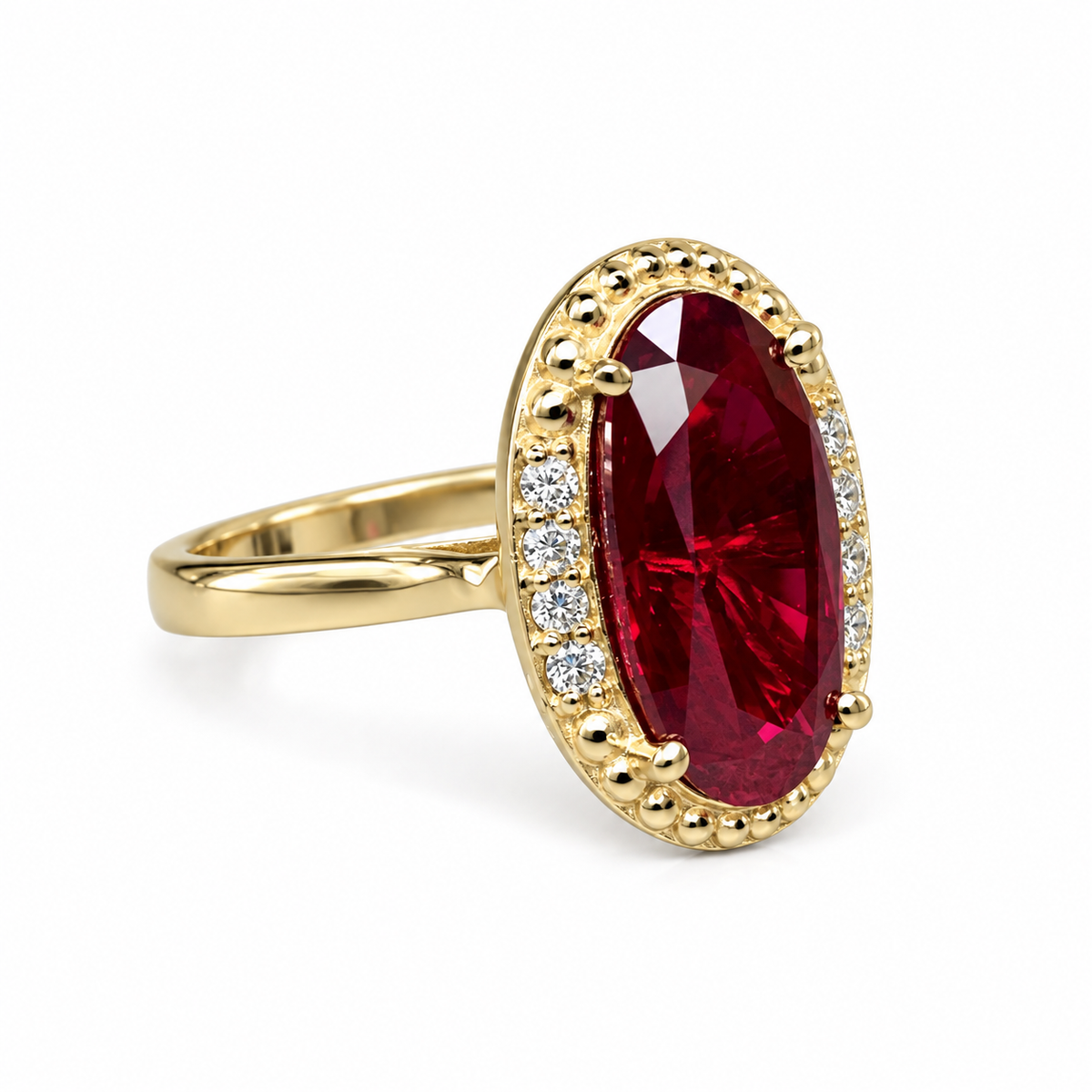 Elongated Oval Ladies Ring / Red Ruby Engagement Ring / Diamond And Ruby Wedding Ring / Anniversary Gift / 14k Yellow Gold / #6220