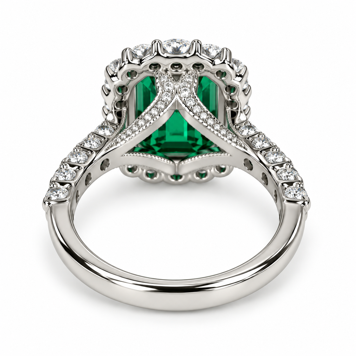 Emerald cut emerald with moissanite halo engagement ring 14k solid gold, unique vintage green emerald ring, May birthstone ring ladies #6081