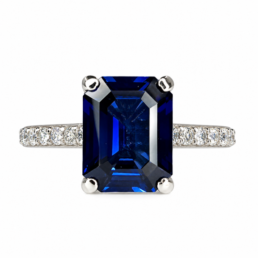 Emerald Cut Blue Sapphire Engagement Ring 14K White Gold,  September Birthstone Ring For Ladies,  Blue Sapphire and Moissanite Ring,   #6373
