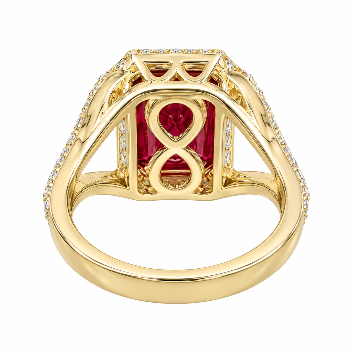 Emerald Cut Ruby and Moissanite Engagement Ring 14K Yellow Gold Unique Vintage Style Emerald Cut Halo Engagement Rings Heavy Gold Ring #7481