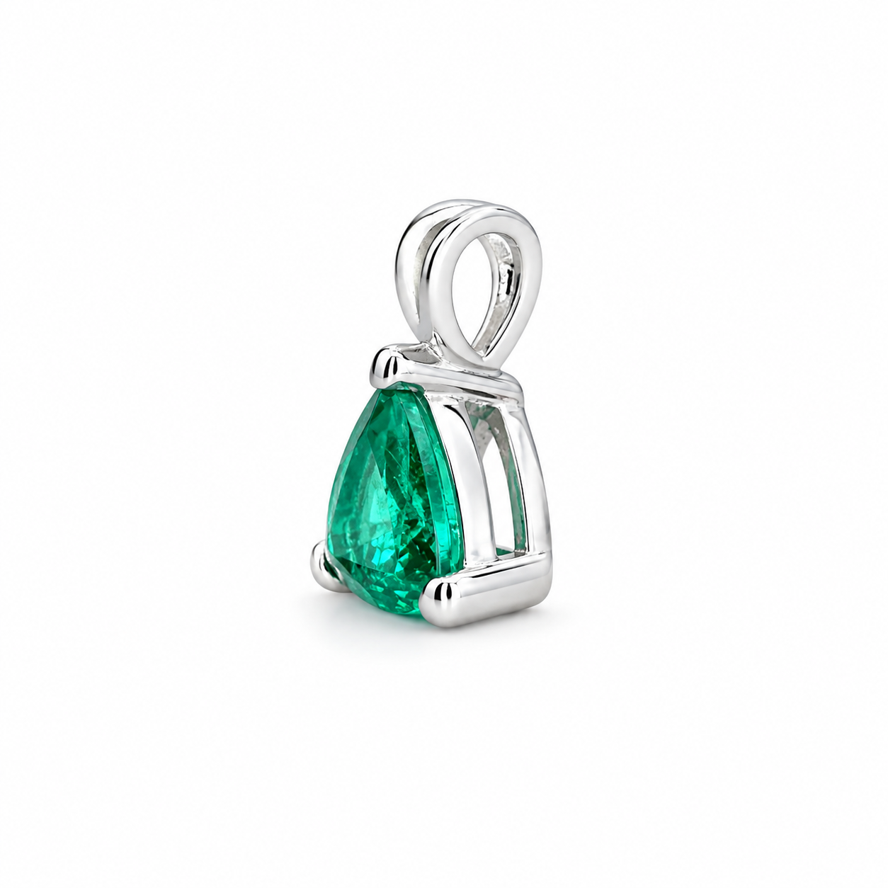 Emerald Trillion Shape Pendant Necklace For Ladies, 14k White Gold Dainty Layering Necklace, Triangle Shape May Birthstone Pendant.    #6074