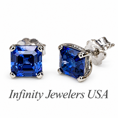 Blue Sapphire Stud Earrings 14K White Gold, Unisex Sapphire Earrings Asscher Cut, Dainty Minimal Square Studs Blue Sapphire Earrings