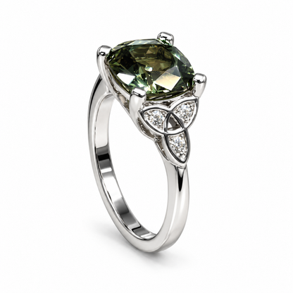 Green Sapphire Engagement Ring 14K Olive Green Cushion Cut Sapphire Celtic Engagement Ring Moissanite Celtic Gold Wedding Promise Ring #7300